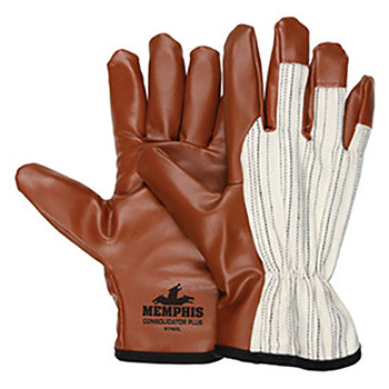 Memphis Large The Consolidator Heavy Duty Abrasion Resistant Brown Nitrile Dipped Fingertip And Index Finger Coated Work Gloves With Jersey Liner, Slip-On Cuff And Shirred Elastic Back