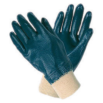 Memphis Large Economy Light Weight Cut Resistant Blue Nitrile Dipped Fully Coated Work Gloves With Interlock Liner And Knit Wrist