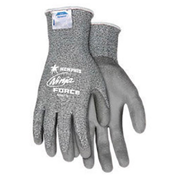 Memphis MEGN9677L Large Ninja Force 13 Gauge Cut Resistant Gray Polyurethane Dipped Palm And Finger Coated Work Gloves With Dyneema And Fiberglass Liner And Knit Wrist