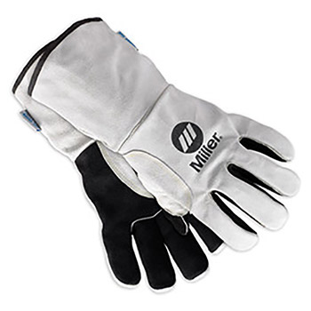Miller Large 13 1-2" Black And Gray Shoulder Split Cowhide Unlined Heavy Duty MIG Stick Welders Gloves With Reinforced Thumb, Kevlar Stitching And Welted Seams