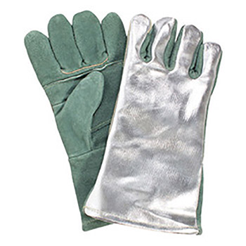 National Safety Apparel 13" Green Leather Wool Lined Heat Resistant Gloves With Wing Thumb, Gunn Cuff And Aluminized Leather Back And Extra Palm Insulation