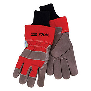 North by Honeywell Gray And Red Polar Cowhide Thinsulate Lined Gunn Cut Cold Weather Gloves With Wing Thumb, Safety Cuff, Sewn-In Knit Wrist And Knuckle Strap