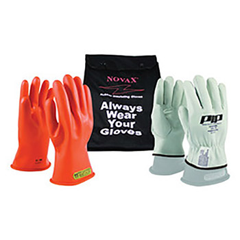 Protective Industrial Products Orange Rubber Class 0 Electrical Safety Linesmen's Gloves Kit With Rolled Cuff (Includes 147-0-11 NOVAX Insulating Gloves, 148-1000 Goatskin Leather Protector And 148-2136 11" Ventilated Nylon Glove Bag) Per Each Kit