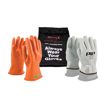 Protective Industrial Products Orange Rubber Class 00 Electrical Safety Linesmen's Gloves Kit With Rolled Cuff (Includes 147-00-11 NOVAX Insulating Gloves, 148-2136 Goatskin Leather Protector, Ventilated 11-inch Nylon Glove Bag 148-2136) Per Each Kit
