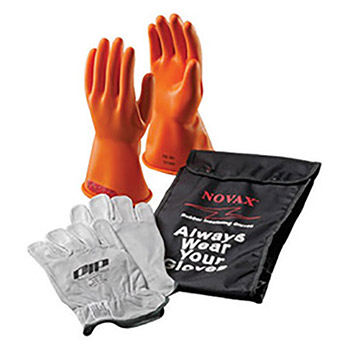 Protective Industrial Products Size 10 Orange Rubber Class 2 Electrical Safety Linesmen's Gloves Kit With Rolled Cuff (Includes 147-2-14 NOVAX Insulating Gloves, 148-4000 Goatskin Protector And 148-2142 11" Ventilated Nylon Glove Bag)