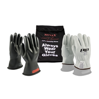 Protective Industrial Products Black Rubber Class 0 Electrical Safety Linesmen's Gloves Kit With Rolled Cuff (Includes 150-0-11 NOVAX Insulating Gloves, 148-1000 Goatskin Protector And 148-2136 11" Ventilated Nylon Glove Bag), Per Kit