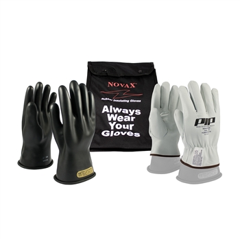 Protective Industrial Products Black Rubber Class 00 Electrical Safety Linesmen's Gloves Kit With Rolled Cuff (Includes 150-00-11 NOVAX Insulating Gloves, 148-1000 Goatskin Protector And 148-2136 11" Ventilated Nylon Glove Bag), Per Kit