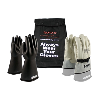 Protective Industrial Products Black Rubber Class 1 Electrical Safety Linesmen's Gloves Kit With Rolled Cuff (Includes 150-1-14 NOVAX Insulating Gloves, 148-4000 Cowhide Protector And 148-2142 14" Ventilated Nylon Glove Bag), Per Kit