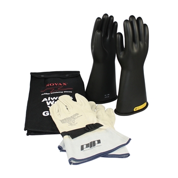 Protective Industrial Products Black Rubber Class 2 Electrical Safety Linesmen's Gloves Kit With Rolled Cuff (Includes 150-2-14 NOVAX Insulating Gloves, 148-4000 Cowhide Protector And 148-2142 14" Ventilated Nylon Glove Bag)