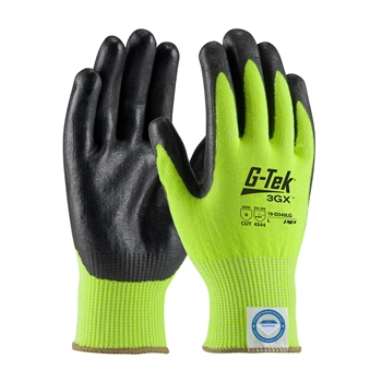 Protective Industrial Products G-Tek 3GX 13 Gauge Medium Weight Cut Resistant Black Foam Nitrile Palm And Fingertip Coated Work Gloves With Lime Green Seamless Liner And Continuous Knit Cuff, Per Dz