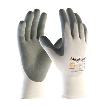 Protective Industrial Product MaxiFoam By ATG 15 Gauge Abrasion Resistant Gray Foam Nitrile Palm And Fingertip Coated Work Gloves With White Seamless Knit Nylon Liner And Continuous Knit Cuff, Per Dz