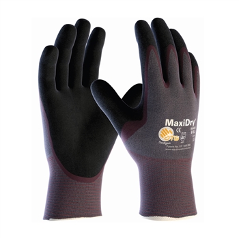 Protective Industrial Products PIP56-424 MaxiDry by ATG Ultra Light Weight Abrasion Resistant Black Nitrile Palm And Fingertip Coated Work Gloves With Purple Seamless Knit Nylon Liner And Continuous Knit Cuff, Per Dz