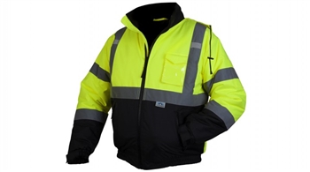Pyramex Class 3 HI-VIS Work Wear Bomber Jacket with Quilted Lining, Waterproof Polyester Shell, Elastic Band at the Waist and Wrist, Concealed Hood, Each