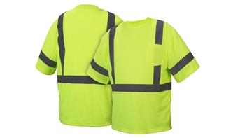 Pyramex Hi-Vis RTS21 Series T-Shirt, Class 2 Hi-Vis Lime Lightweight Polyester Moisture Wicking, 2" Silver Reflective Striping, Outside Left Chest Pocket, Per Ea