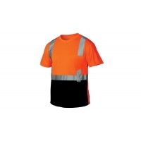 Pyramex Hi-Vis RTS21 Series T-Shirt, Class 2 Hi-Vis Orange Black Bottom, Lightweight Polyester Moisture Wicking, 2" Silver Reflective Striping, Outside Left Chest Pocket, Per Ea