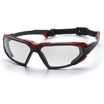 Pyramex SBR5010DT Highlander Frame, Black-Red, Lens, Clear Anti-Fog Safety Glasses - Dozen