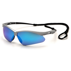 Pyramex SS6365SP PMXTREME Frame, Silver Frame, Ice Blue Mirror Lens, Built In Rubber Nosepiece with Black Cord Safety Glasses - Dozen