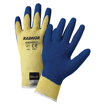 Radnor 64056902 Medium Yellow 10 Gauge Kevlar String Knit Gloves With Blue Latex Crinkle Finish Palm And Thumb Coating