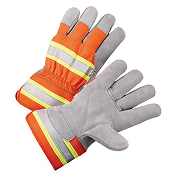 Radnor RAD64057028 Large Select Shoulder Leather Palm Gloves With Rubberized Safety Cuff, Fluorescent Orange Polyester Back And Silver Reflective Tape On Knuckles And Cuff