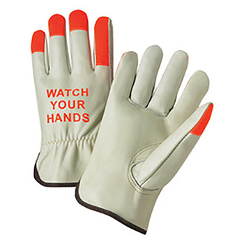 Radnor RAD64057044 Large Select Grain Cowhide Unlined Drivers Gloves With Keystone Thumb, Shirred Elastic Cuff, Hi-Vis Orange Fingertips And  "Watch Your Hands" Logo On Back