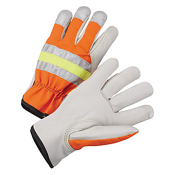 Radnor Medium Gray And Hi-Viz Orange Grain Cowhide Unlined Drivers Gloves With Keystone Thumb, Slip-On Cuff And Color-Coded Hem