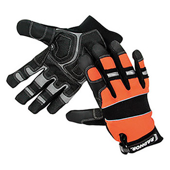Radnor Medium Black And Hi-Viz Orange Premium Full Finger Sueded Leather And Spandex Mechanics Gloves With Hook and Loop Cuff, Spandex Back, Neoprene Knuckle And Wrist Pad, Suede Palm, Kevlar Patch In Thumb Crotch And PVC Grip Patches On Palm And Fingers