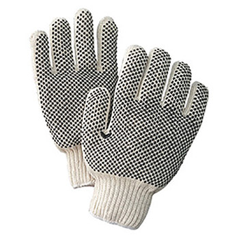 Radnor Large Natural Medium Weight Polyester-Cotton Ambidextrous String Gloves With Knit Wrist And Double Side Black PVC Dot Coating, 144 Pairs