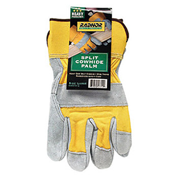 Radnor Large Premium Select Shoulder Grade Split Leather Palm Gloves With Rubberized Safety Cuff, Heavy Yellow Canvas Back And Wing Thumb