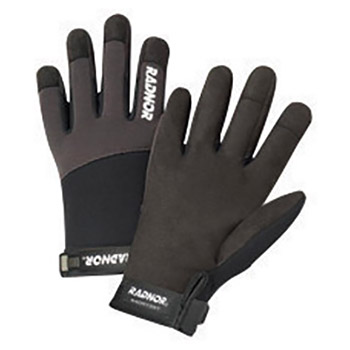 Radnor Medium Black And Gray Full Finger Synthetic Leather By Clarion And Spandex Light-Duty Mechanics Gloves With Hook And Loop Cuff, Spandex Back And Reinforced Fingertips