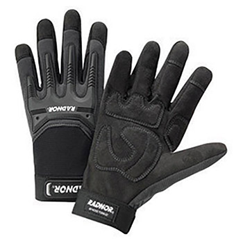 Radnor Medium Black And Gray Full Finger Synthetic Leather By Clarion And Spandex Impact Resistant Mechanics Gloves With Hook And Loop Cuff, Spandex Back, Reinforced Fingertips And Saddle, EVA Foam Palm Padding And TPR Knuckle
