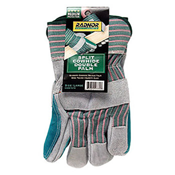 Radnor Large Select Shoulder Double Leather Palm Gloves With Rubberized Safety Cuff, Striped Canvas Back And Wing Thumb
