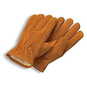Radnor Large Brown Leather Pile Lined Cold Weather Gloves With Keystone Thumb, Slip On Cuffs, Color Coded Hem And Shirred Elastic Wrist