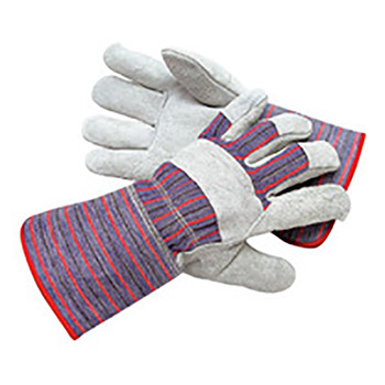 Radnor RAD64057518 Large Economy Grade Split Leather Palm Gloves With Gauntlet Cuff, Striped Canvas Back And Reinforced Knuckle Strap, Pull Tab, Index Finger And Fingertips