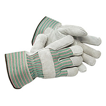 Radnor RAD64057521 Medium Shoulder Grade Split Leather Palm Gloves With Safety Cuff, Striped Canvas Back And Leather Reinforced Knuckle Strap, Pull Tab, Index Finger And Fingertips