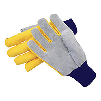 Radnor RAD64057533 Large Select Shoulder Grade Split Leather Palm Gloves With Navy Blue Knit Wrist, Heavy Yellow Canvas Back And Straight Thumb