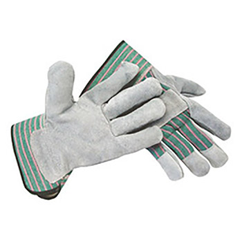 Radnor RAD64057540 Medium Select Shoulder Grade Split Leather Palm Gloves With Rubberized Safety Cuff, Striped Canvas Back And Reinforced Knuckle Strap, Pull Tab, Index Finger And Fingertips