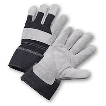 Radnor RAD64057592 Large Economy Grade Split Leather Palm Gloves With Safety Cuff, Denim Back And Reinforced Knuckle Strap, Pull Tab, Index Finger And Fingertips