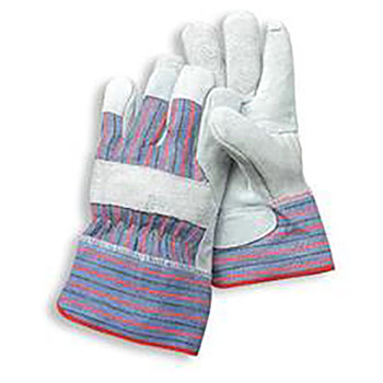 Radnor Ladies Economy Grade Split Leather Palm Gloves With Safety Cuff, Striped Canvas Back And Reinforced Knuckle Strap, Pull Tab, Index Finger And Fingertips