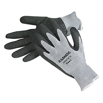 Radnor Small Gray String Knit Gloves With Black Latex Palm Coating And Yellow Hem