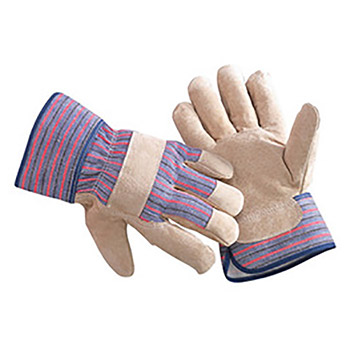 Radnor RAD64057916 Large Economy Grade Split Pigskin Leather Palm Gloves With Safety Cuff, Striped Canvas Back And Reinforced Knuckle Strap, Pull Tab, Index Finger And Fingertips