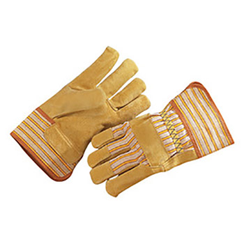 Radnor RAD64057917 Large Premium Grade Split Pigskin Leather Palm Gloves With Rubberized Safety Cuff, Striped Canvas Back And Reinforced Knuckle Strap, Pull Tab, Index Finger And Fingertips