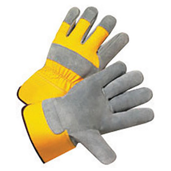 Radnor Small Premium Select Shoulder Grade Split Leather Palm Gloves With Yellow Rubberized Safety Cuff, Heavy Yellow Canvas Back And Reinforced Knuckle Strap, Pull Tab, Index Finger And Fingertips