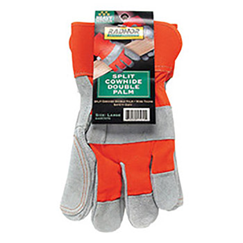 Radnor Large Premium Select Shoulder Grade Split Leather Palm Gloves With Orange Rubberized Safety Cuff, Heavy Orange Canvas Back And Double Leather On Palm, Index Finger And Thumb