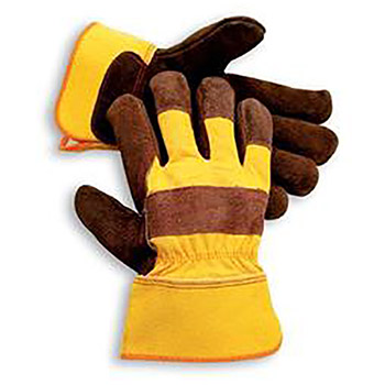Radnor RAD64057984 Large Premium Select Shoulder Grade Split Leather Palm Gloves With Yellow Rubberized Safety Cuff, Heavy Yellow Canvas Back And Reinforced Index And Middle Finger