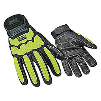 Ringers Large Hi-Viz Green And Black R-21 Full Finger Leather Heavy Duty Anti-Vibration Gloves With Super Cuff, Shock Absorbing Knuckle Pads