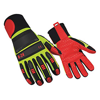 Ringers Large Hi-Viz Green R-24 Full Finger Suede Impact Resistant Mechanics Gloves With Neoprene Cuff, TPR On Top