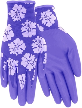 Red Steer A209 Flowertouch Women's Coated Gloves, Nitrile Palm, Hibiscus Flower Pattern 13 Gauge Nylon Knit Liner, Machine Washable, Purple & Pink