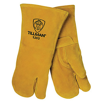 Tillman Large 14" Bourbon Brown Side Split Cowhide Cotton Lined Premium Grade Three Finger Stick Welders Gloves With Double Reinforced Thumb, Welted Finger, Kevlar Lock Stitching And Pull Tab