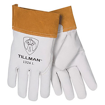 Tillman TIL1328M Medium Pearl Top Grain Goatskin Standard Grade TIG Welders Gloves With Wing Thumb, 4" Cuff, Seamless Forefinger And Kevlar Lock Stitching