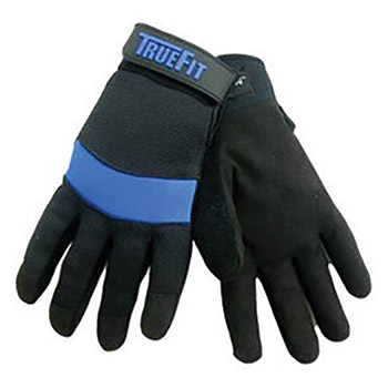 Tillman 1460 Black And Blue TrueFit Nylon And Spandex Full Finger Synthetic Leather Economy Mechanics Gloves With Neoprene And Hook And Loop Cuff, Thumb Reinforcement And Terry Cloth Brow Wipe, Per Dz